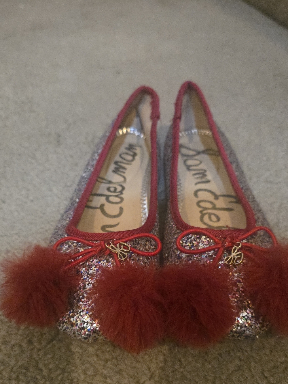 Kids Sam Edelman Red Farina Glitter Pom Pom Ballet Flats